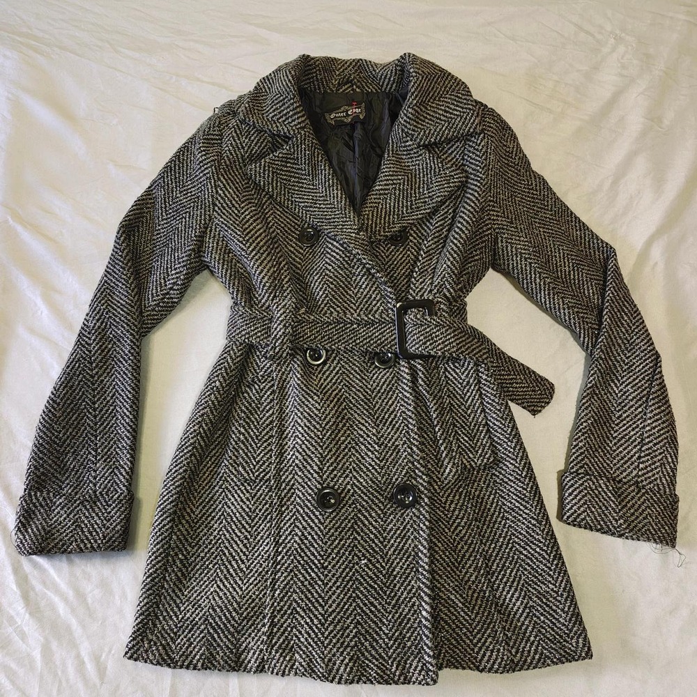 Outer Edge Womens Herringbone Wool Blend Pea Coat Belted Trench Gray Small